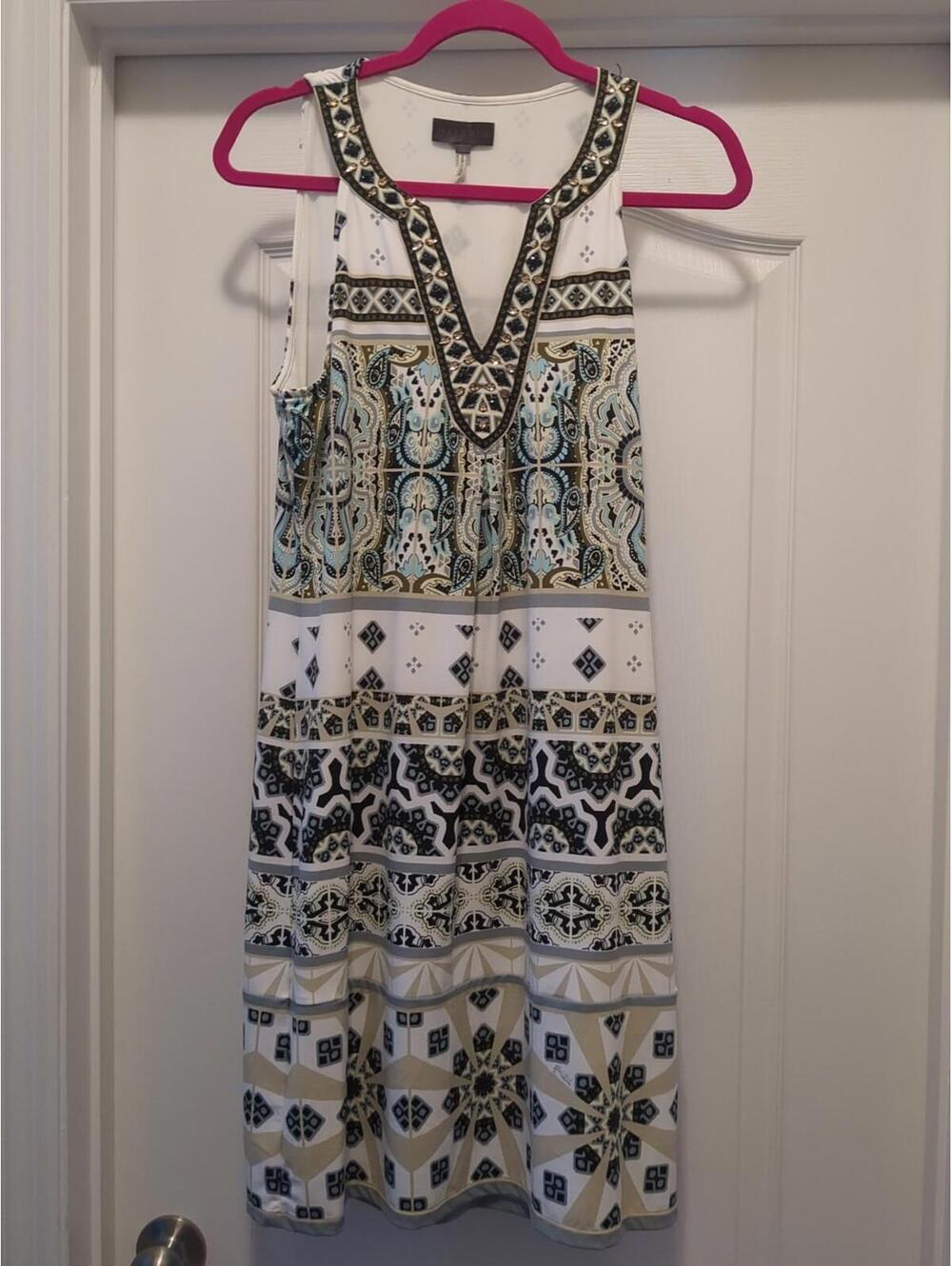 Pre-Owned Hale Bob Sz Medium Beaded Printed Shift Knee Length Sleeveless Dress